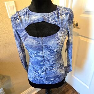 🔥 GUESS CUTOUT denim print mesh TOP